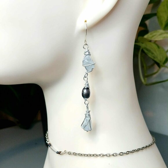 Raw Celestite Crystal & Freshwater Pearl Dangle Earrings, Blue Gemstone Jewelry - Picture 1 of 8